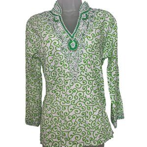 Sweet Lily Green & White Beaded Cotton Tunic – Size Small
